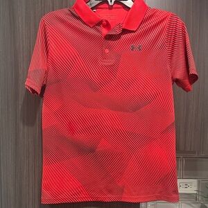 Under Armour Boys Red-Orange Dri-Fit Polo with Diagonal Stripe Detail, Like-New